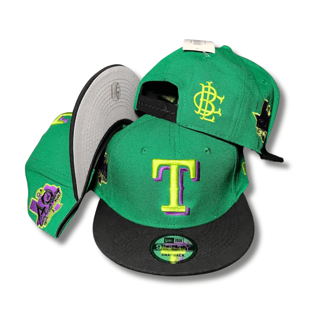 Texas Rangers Green Dual Logo Design with Black Brim and Side Patches – Snapback Cap