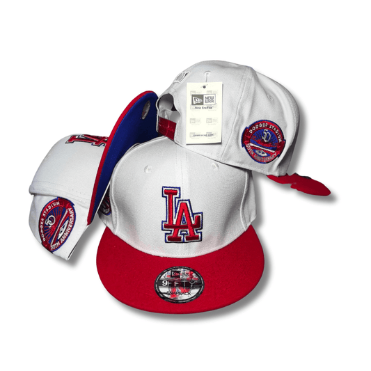 Los Angeles Dodgers White and Red with Anniversary Patches - Snapback Cap