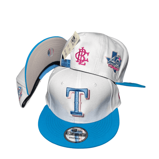 Texas Rangers White and Blue with Embroidered Logo and Side Patches  – Snapback Cap