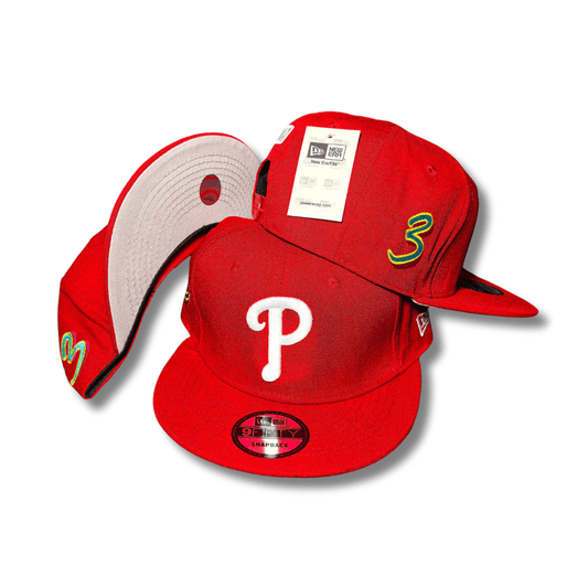 Red with Philadelphia Phillies Logo and Multicolor Number 3 Detail - Snapback Cap