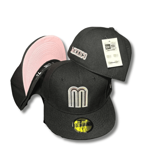 Team Mexico with Black Iridescent Front Logo and Pink Underbrim Black – Fitted Cap