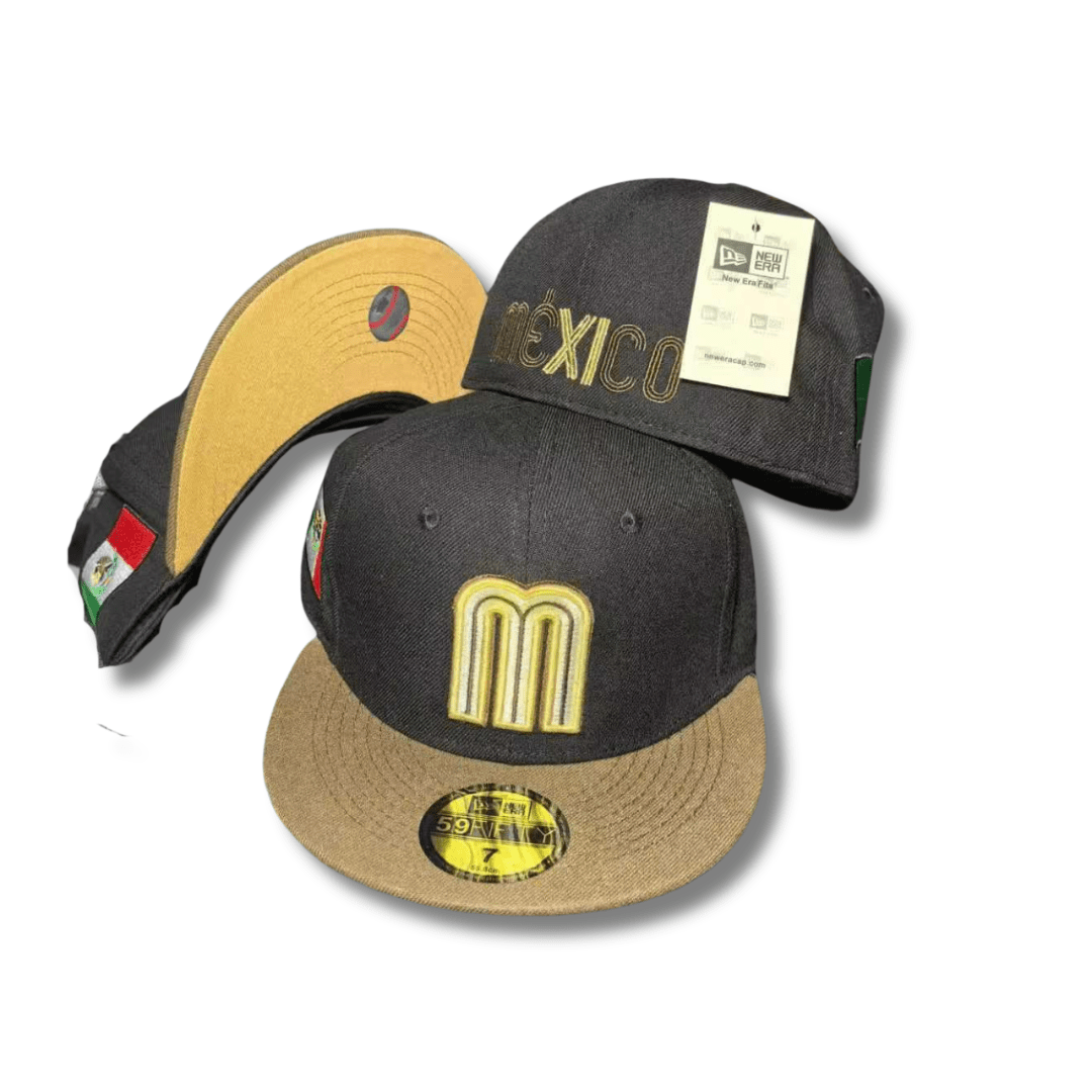 Team Mexico with Gold Embroidered Logo and Side Mexican Flag Patch Black and Gold – Fitted Cap