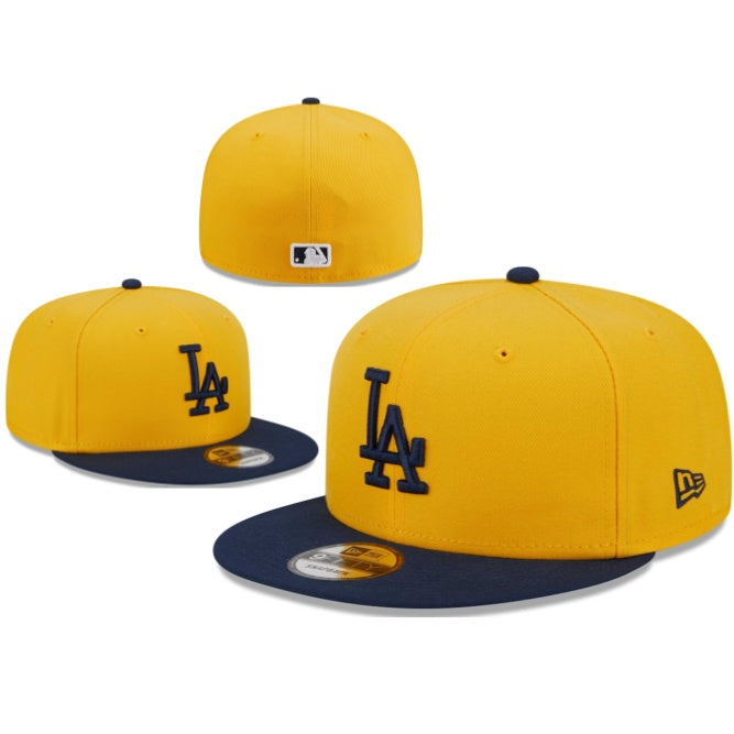 Los Angeles Dodgers Yellow Snapback Hat with Navy Blue Brim and Embroidered Logo