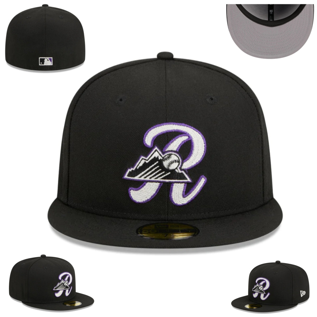 Colorado Rockies Black Fitted Hat with Purple and White Embroidered Logo