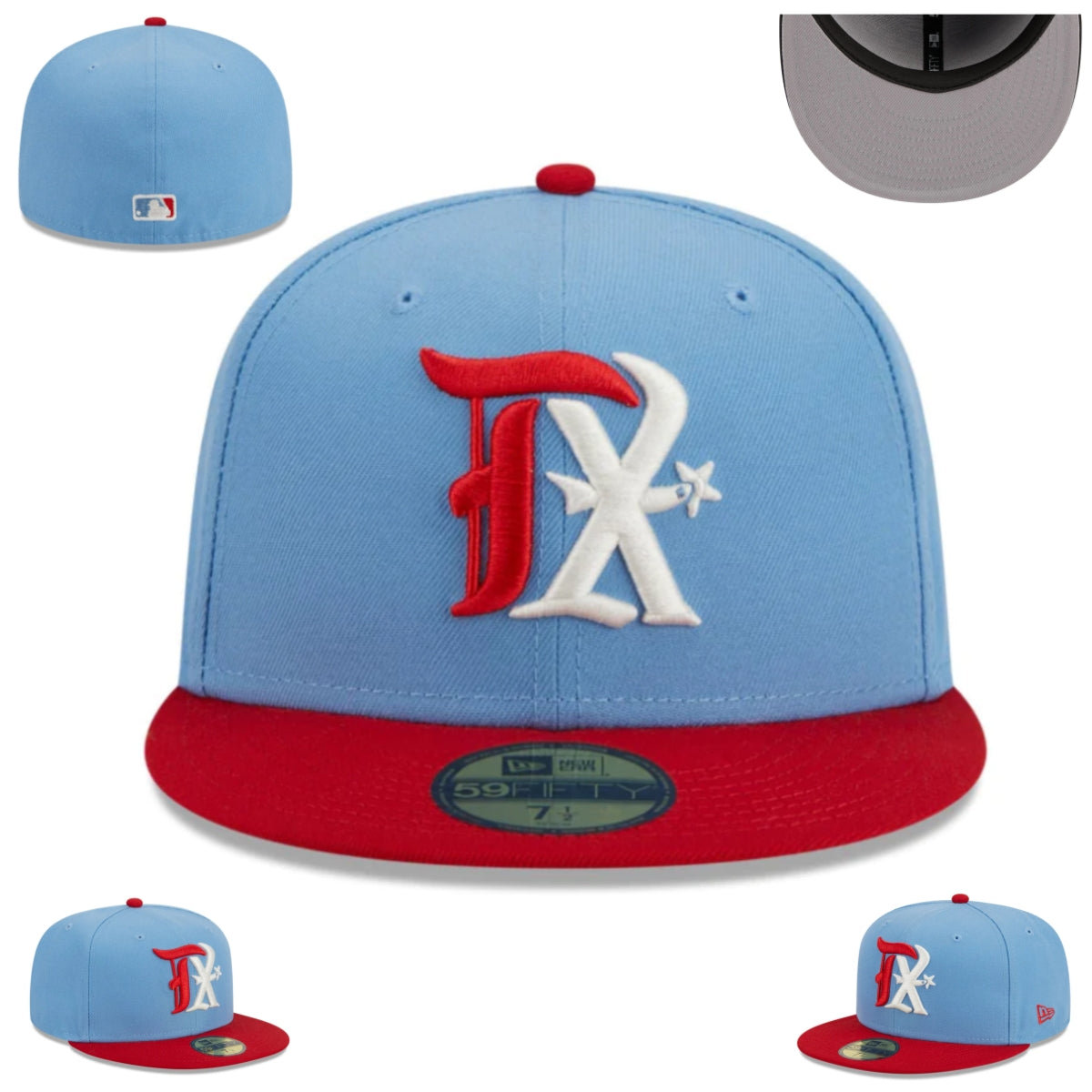 Texas Rangers Light Blue and Red Fitted Hat with TX Embroidered Logo