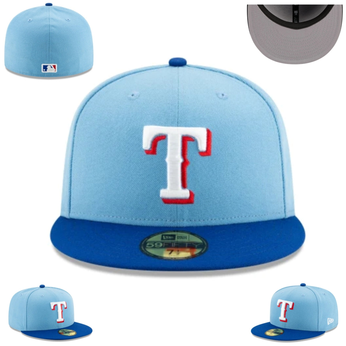 Texas Rangers Light Blue and Royal Blue Fitted Hat with Embroidered T Logo