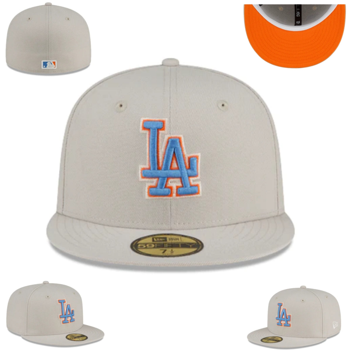 Los Angeles Dodgers Fitted Hat – Light Gray with Blue and Orange Logo & Bright Orange Undervisor