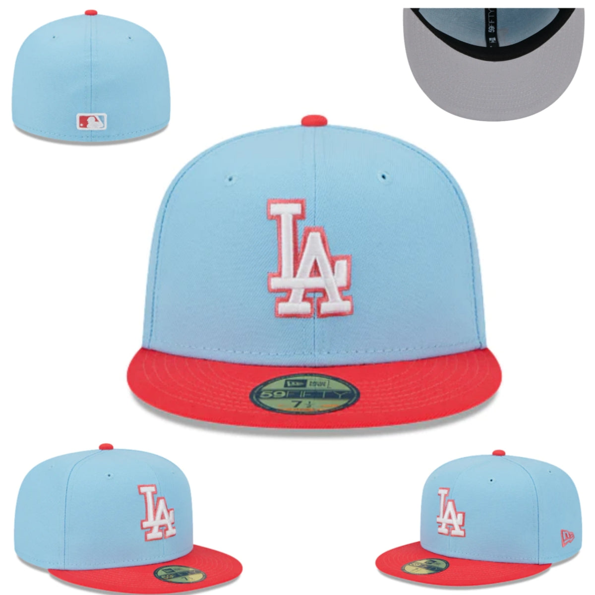 Los Angeles Dodgers Fitted Hat – Sky Blue with Red Brim and White Logo