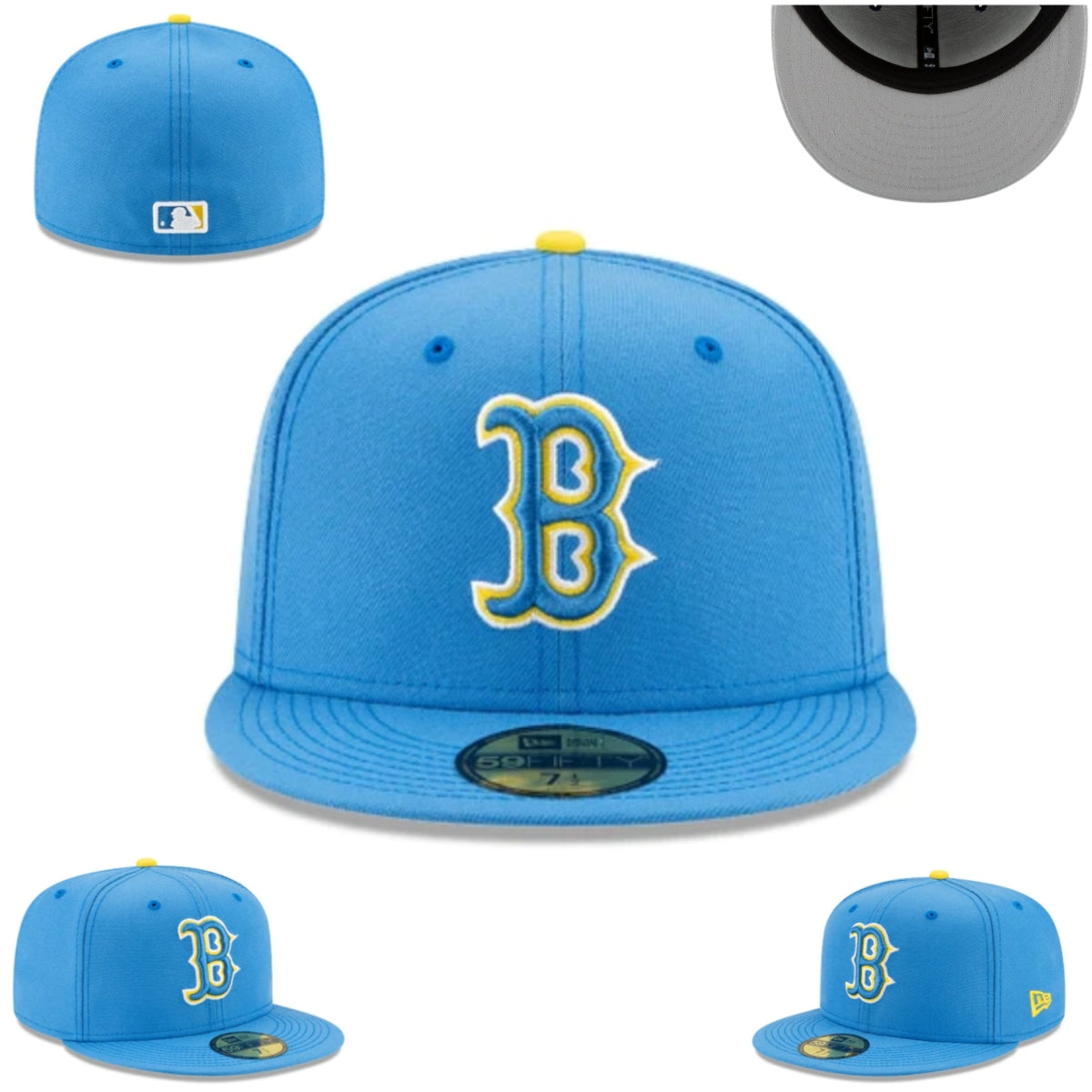 Boston Fitted Hat – Sky Blue with Yellow Logo and Gray Undervisor