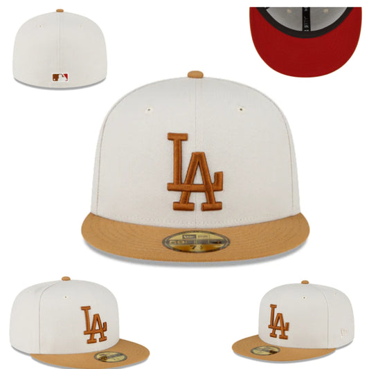 Los Angeles Dodgers Fitted Hat – Cream with Tan Brim, Brown Logo, and Red Undervisor