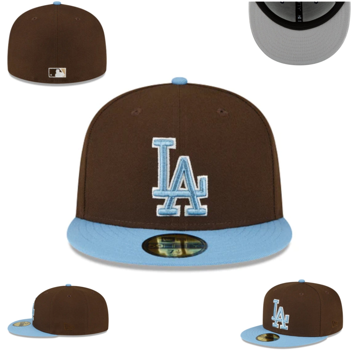 Los Angeles Dodgers Fitted Hat – Brown with Light Blue Brim and Logo