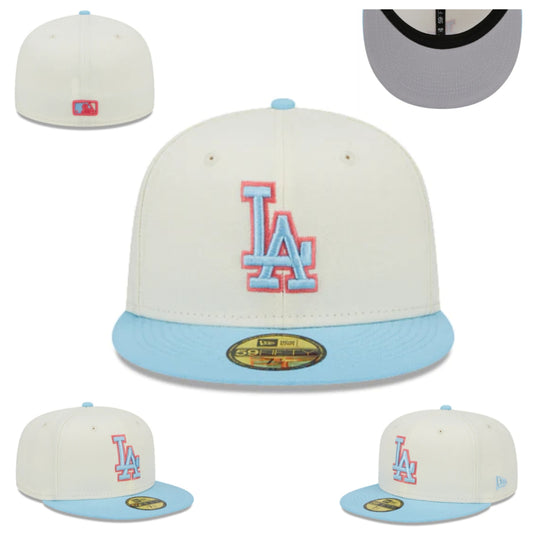 Los Angeles Dodgers Fitted Hat – Cream with Light Blue Brim and Red-Outlined Logo