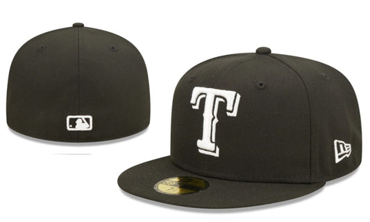 Texas Rangers Black New Era Fitted Hat with White Logo