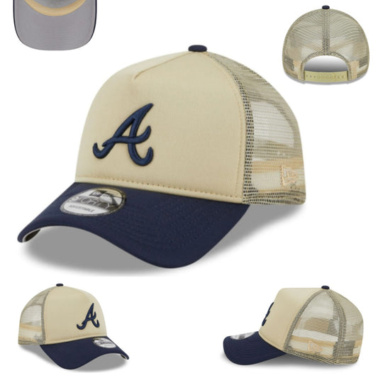 Atlanta Braves Trucker Cap with Mesh Back – Beige and Navy Blue