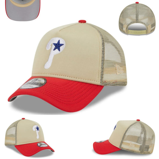 Philadelphia Phillies Retro Trucker Hat – Beige and Red with Mesh Back