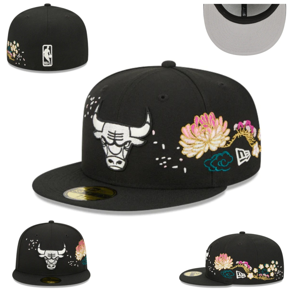 Chicago Bulls Black Cap with Embroidered Floral Artwork