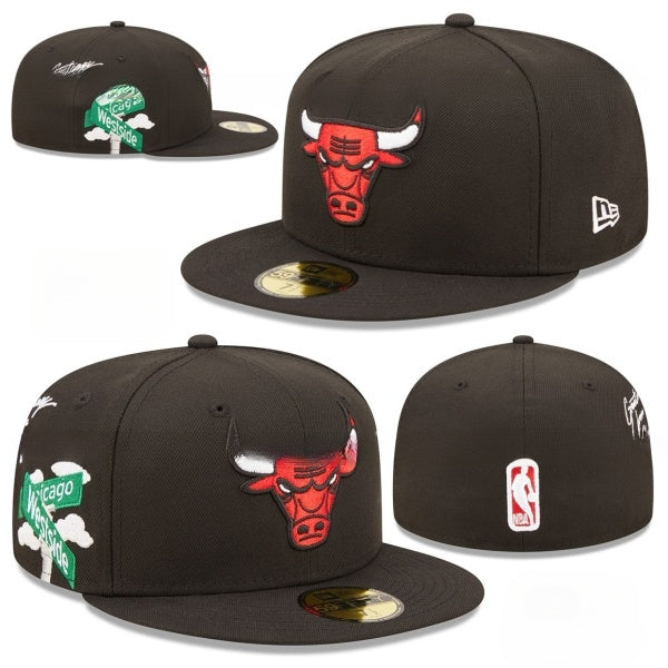 Chicago Bulls Westside Black Fitted Cap with Embroidered Street Sign and Iconic NBA Logo