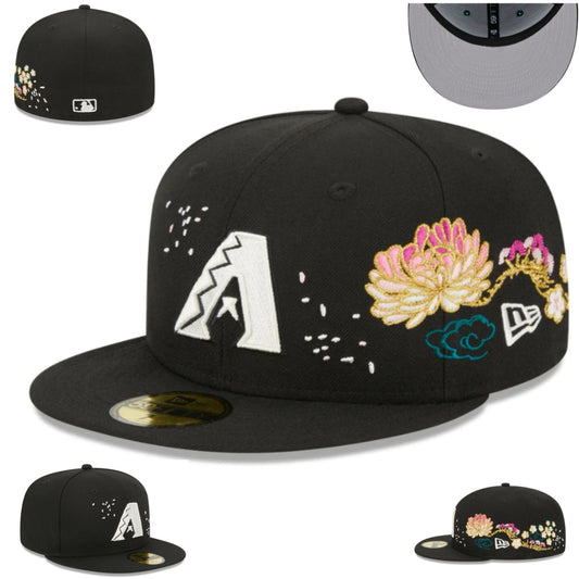 Arizona Diamondbacks Black Fitted Cap with Embroidered Floral and Cloud Design