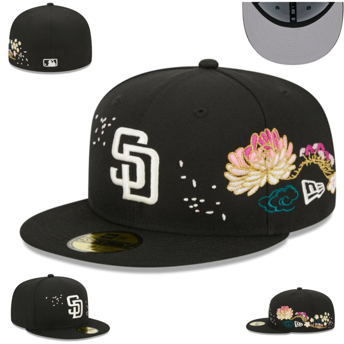 San Diego Padres Floral Embroidered Black Fitted Cap