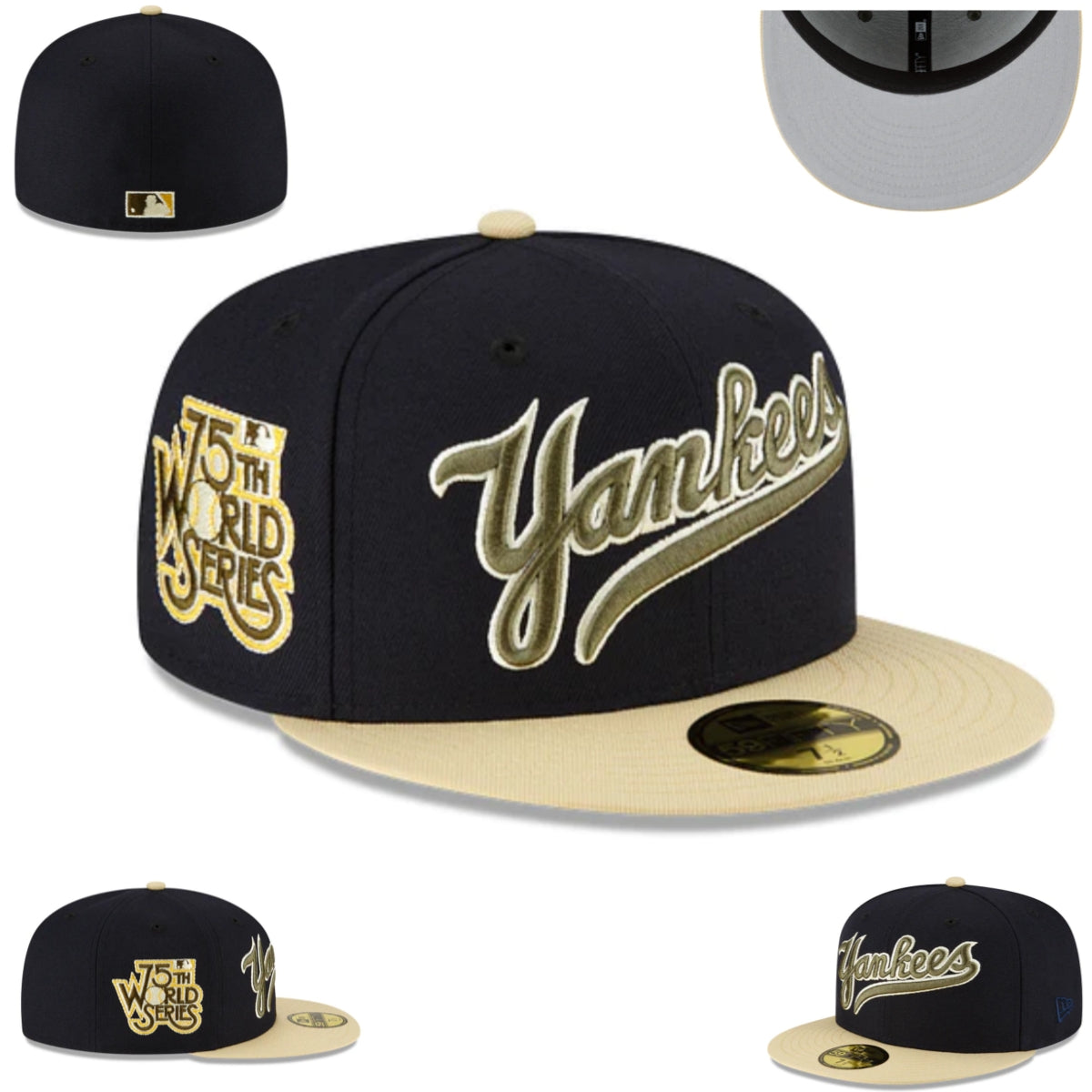 New York Yankees 75th World Series Edition Fitted Hat – Navy and Tan with Grey Under-Visor