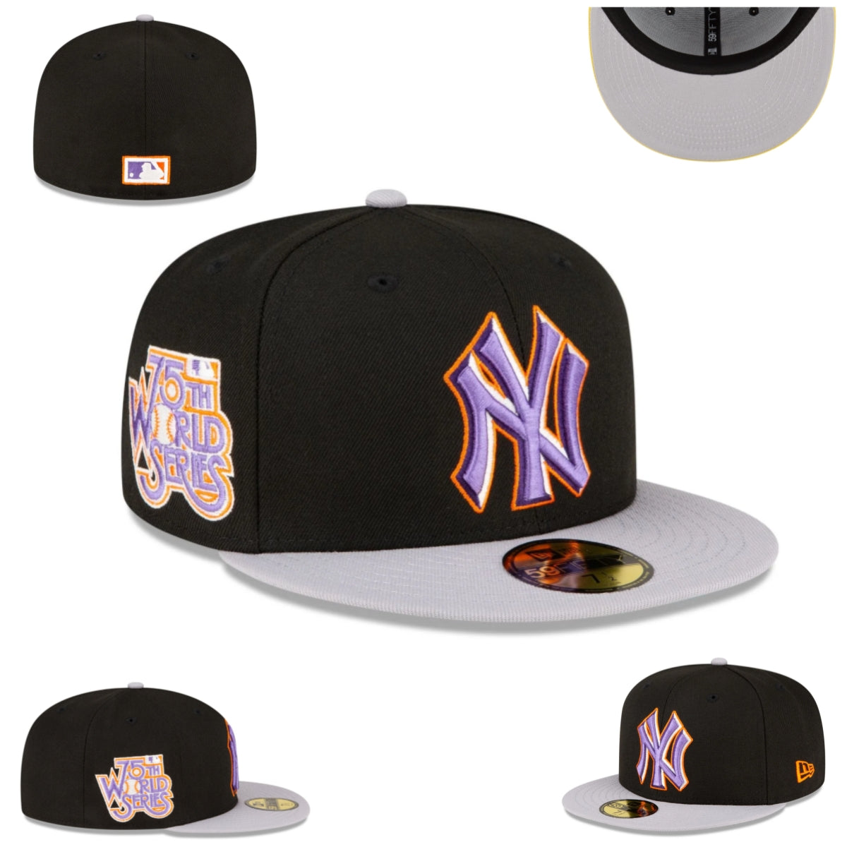 New York Yankees 75th World Series Edition Fitted Hat – Black and Grey with Purple and Orange Accents