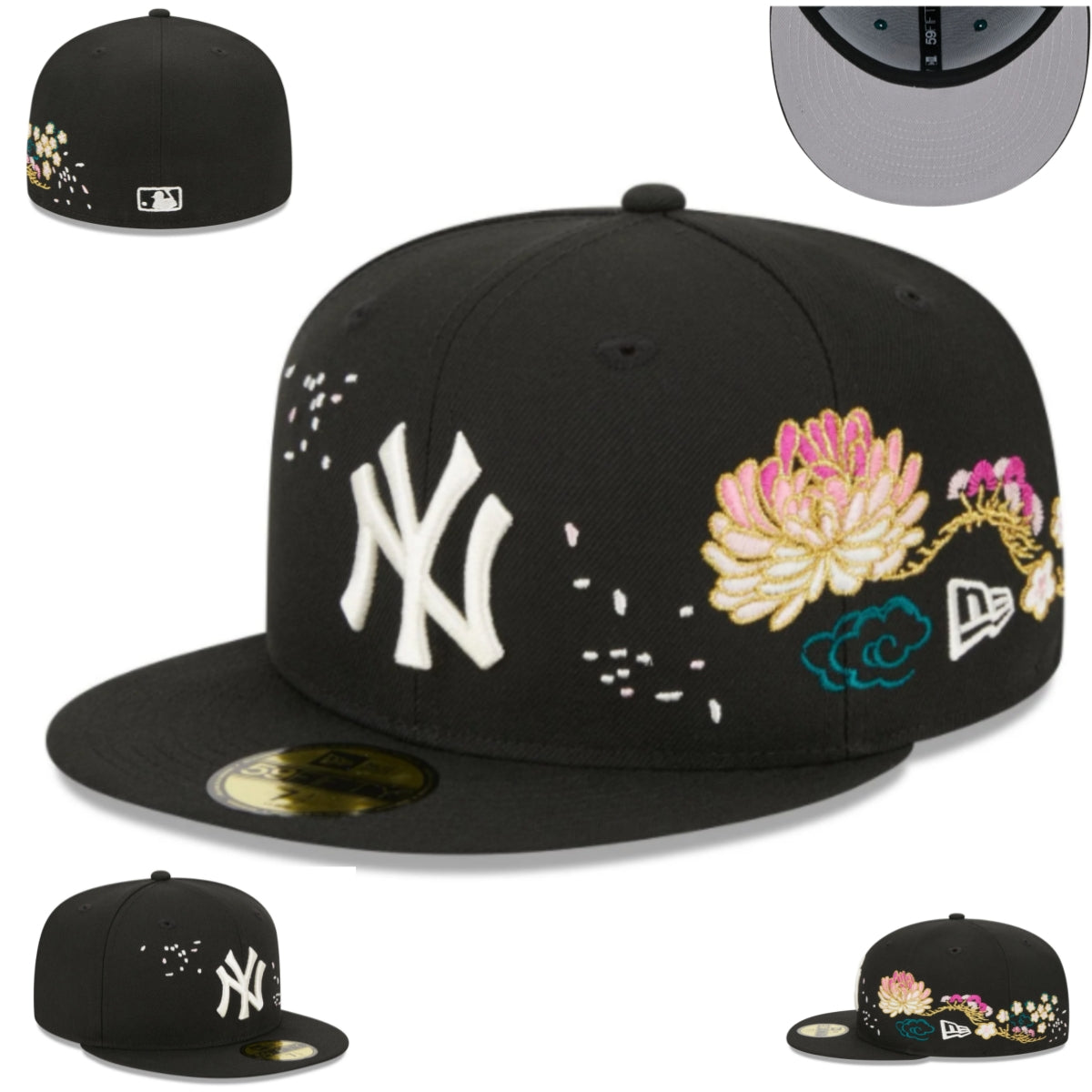 New York Yankees Floral Embroidered Fitted Hat – Black with Colorful Blossom Accents