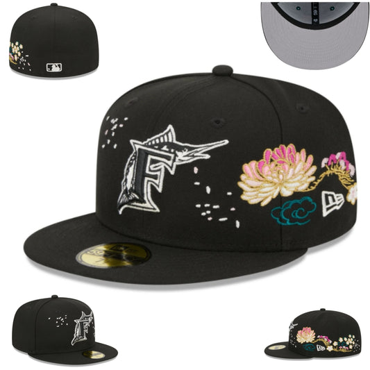 Florida Marlins Floral Embroidered Fitted Hat – Black with Colorful Blossom Accents