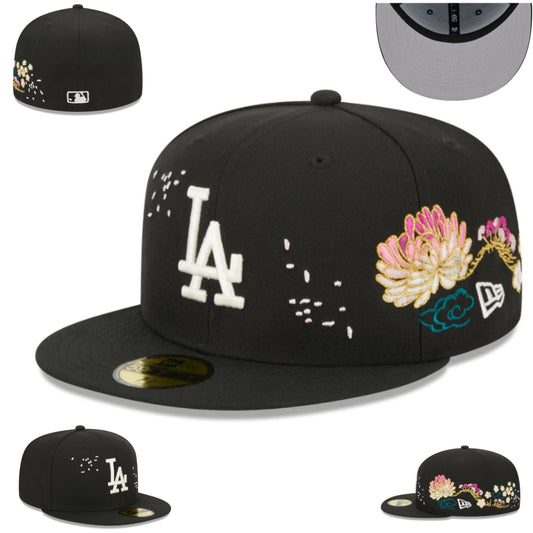 Los Angeles Dodgers Floral Embroidered Fitted Hat – Black with Colorful Blossom Accents