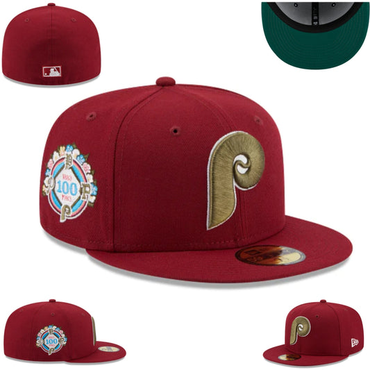 Philadelphia Phillies 100th Anniversary Fitted Hat – Burgundy with Gold Logo and Green Under-Visor