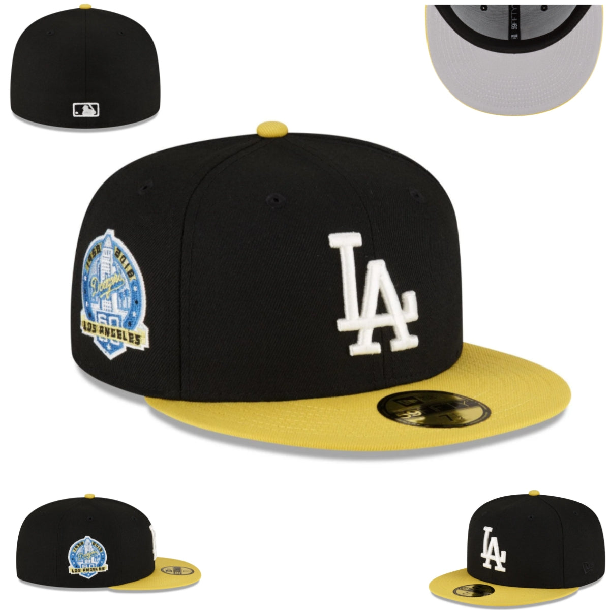 Los Angeles Dodgers 60th Anniversary Fitted Hat – Black with Yellow Visor and Blue Patch