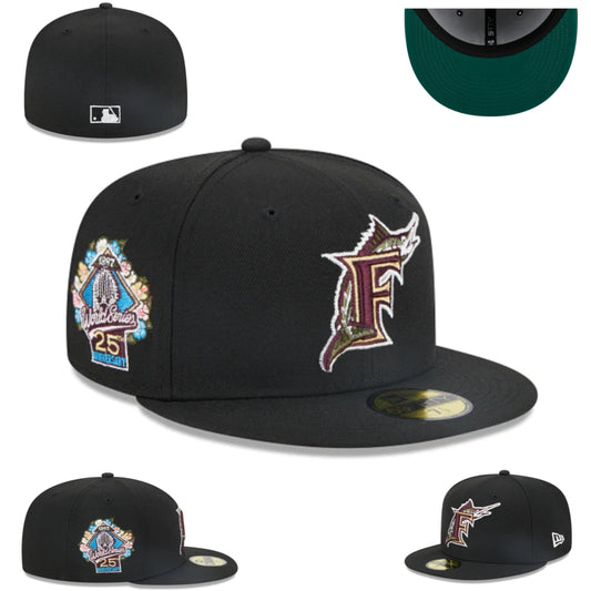 Florida Marlins 25th Anniversary Fitted Hat – Black with Burgundy and Green Accents