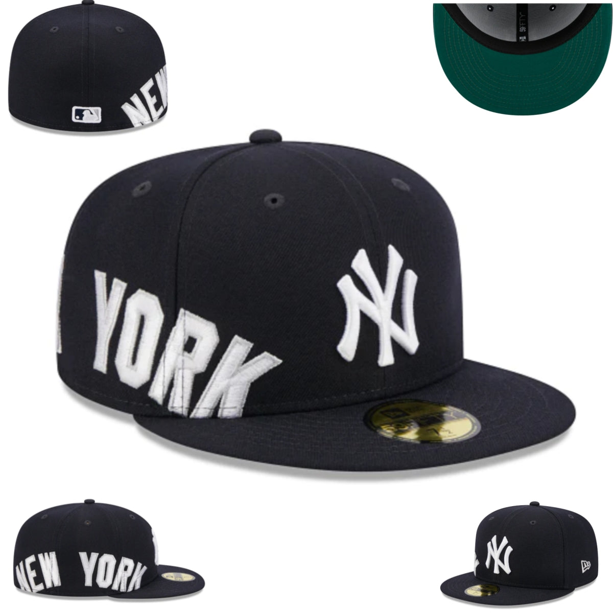 New York Yankees Oversized Text Fitted Hat – Black with White Embroidery and Green Under-Visor