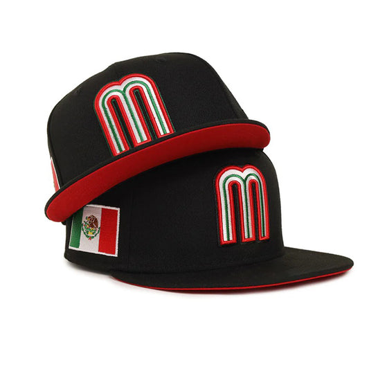 Mexico Baseball Black and Red Fitted Hat with Flag Embroidery