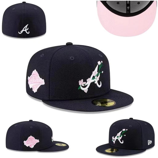 Atlanta Braves Navy Blue Pink Bloom Fitted Hat with Floral Embroidery and Pink Side Patch