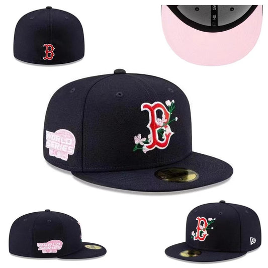 Boston Red Sox Floral-Embroidered World Series Hat with Pink Undervisor – Navy Blue