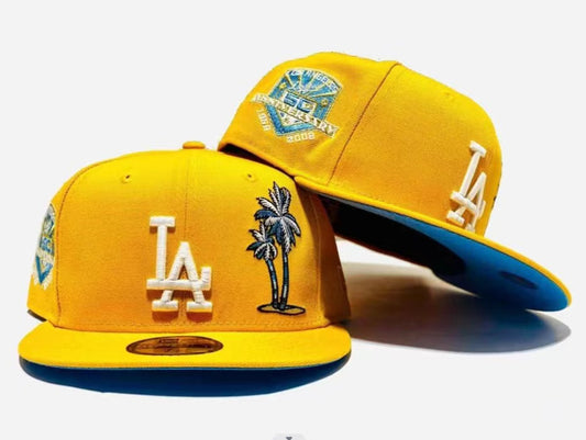 Los Angeles Dodgers 50th Anniversary Fitted Hat with Palm Tree Embroidery and Blue Underbrim – Yellow