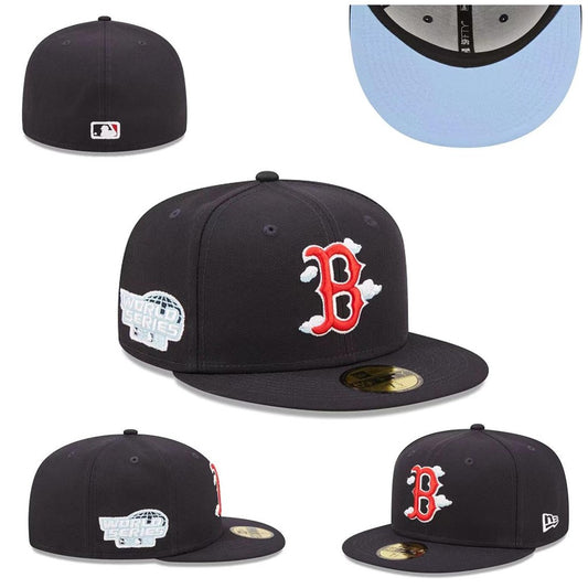 Boston Red Sox World Series Fitted Hat with Light Blue Underbrim and Cloud Detailing – Black