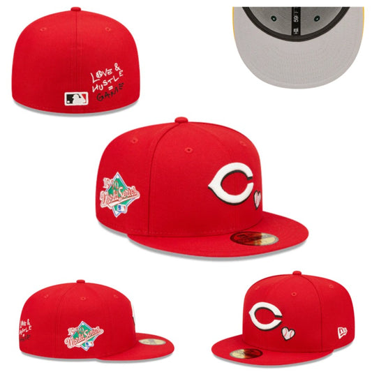 Cincinnati Reds 1990 World Series Fitted Hat with “Love & Hustle Game” Embroidery – Red