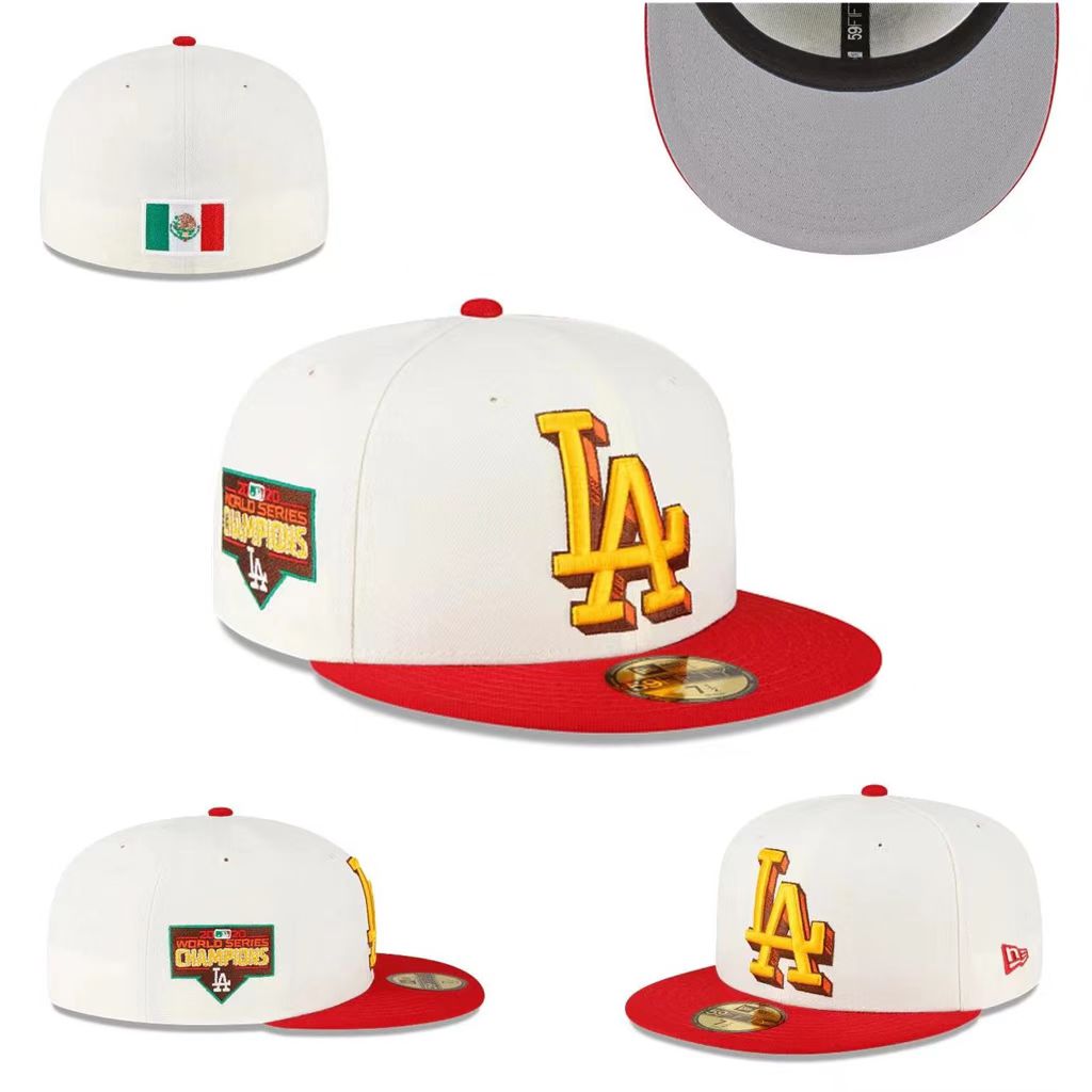 Los Angeles Dodgers 2020 World Series Champions Fitted Hat with Mexican Flag Detail – White and Red