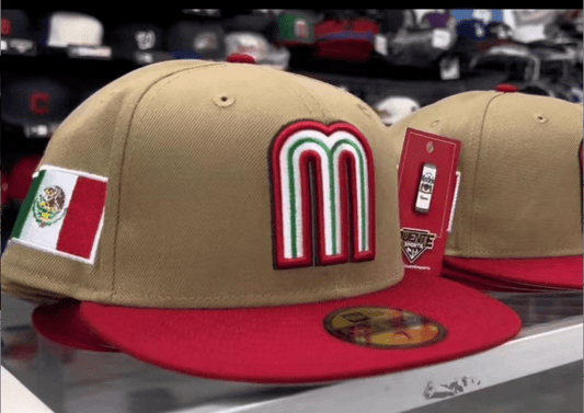 Mexico National Team Fitted Hat with Flag Patch and Red Brim – Tan