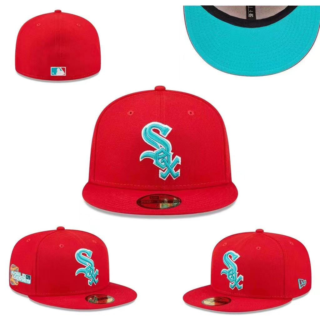 Chicago White Sox 2005 World Series Fitted Hat with Teal Logo and Underbrim – Red