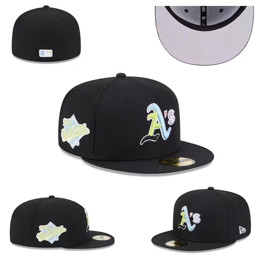 Oakland Athletics Custom Fitted Hat with Pastel Multicolor Logo and Gray Underbrim – Black