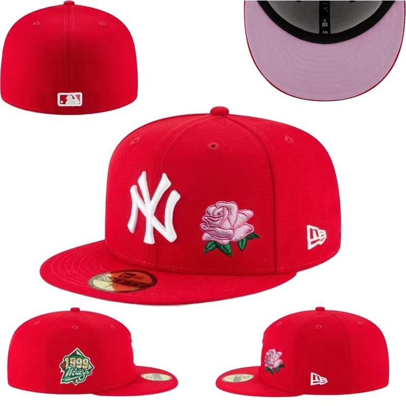 New York Yankees 1999 World Series Fitted Hat with Pink Rose Embroidery and Lavender Underbrim – Red