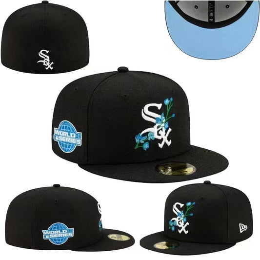 Chicago White Sox 2005 World Series Fitted Hat with Floral Embroidery and Blue Underbrim – Black