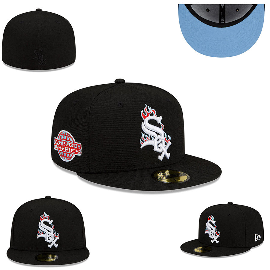 Chicago White Sox Fitted Hat with Flame Embroidery and Light Blue Undervisor