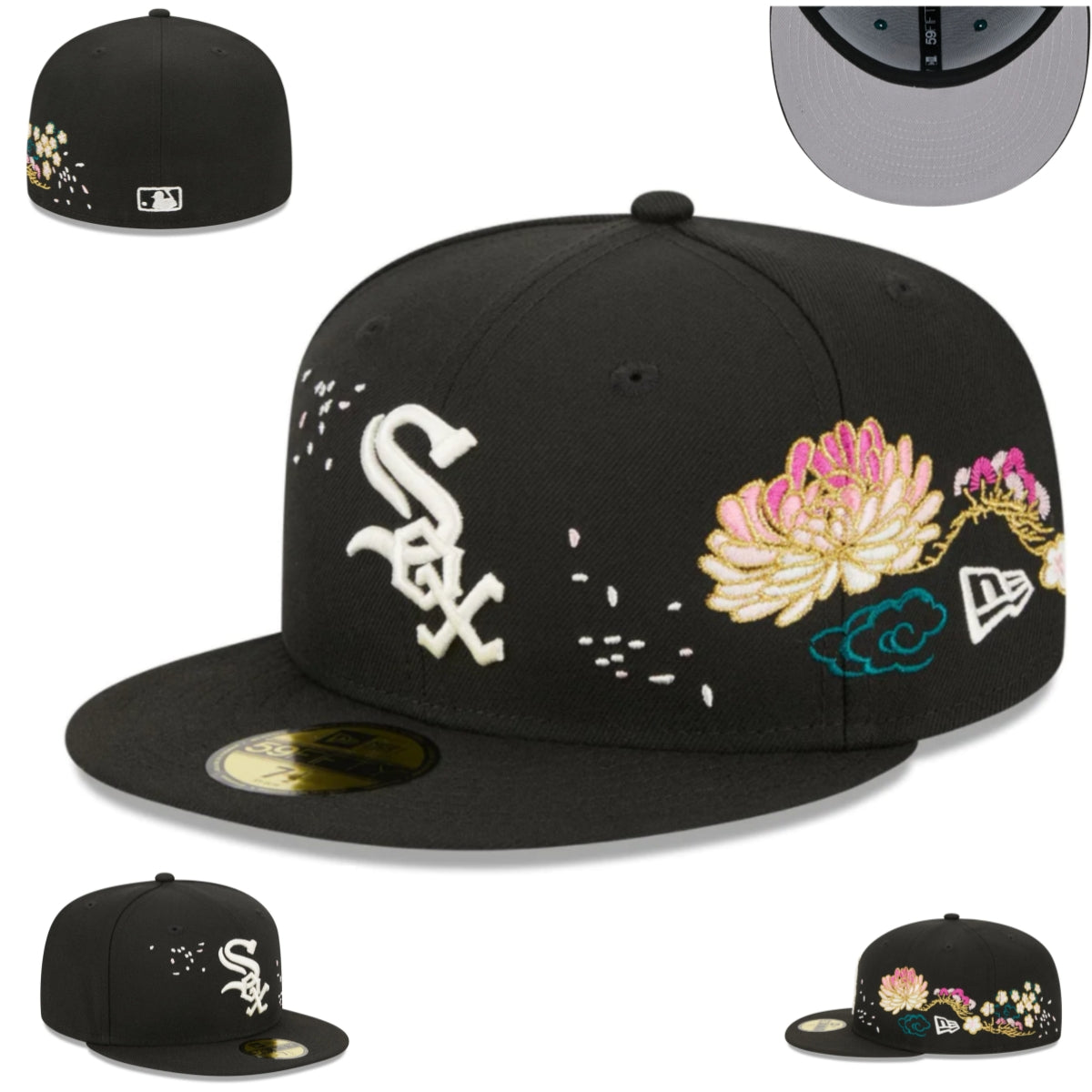 Chicago White Sox 59Fifty Fitted Hat – Black with Floral Embroidery and White Logo