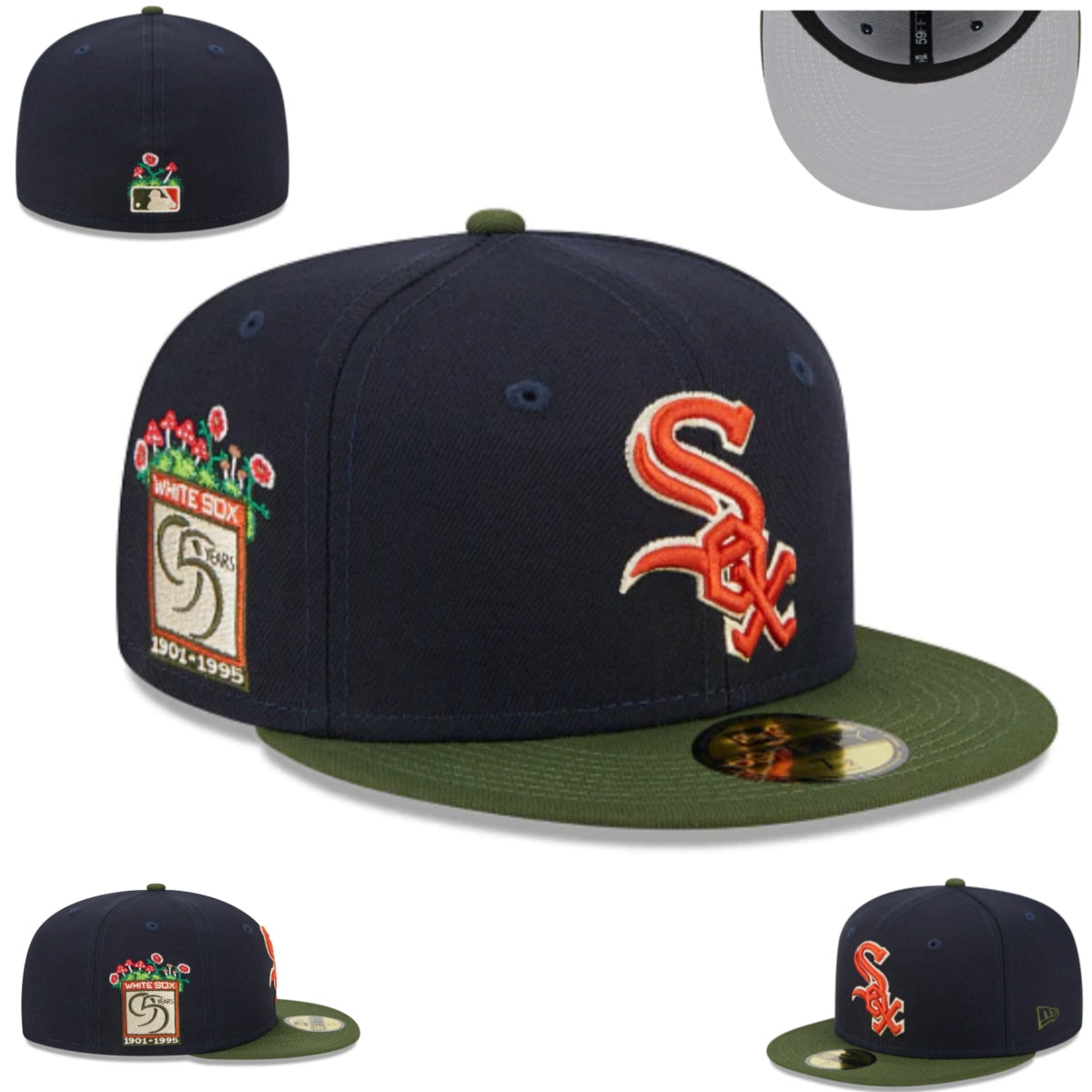 Chicago White Sox 59Fifty 95th Anniversary Floral Embroidered Fitted Hat – Navy and Olive