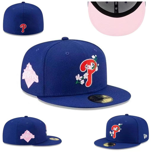 Philadelphia Phillies Fitted MLB Hat with Floral Accent and Pink Underbrim – Royal Blue