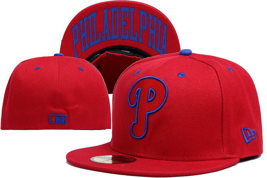 Philadelphia Phillies Red Fitted Hat with Blue Logo and “Philadelphia” Underbrim