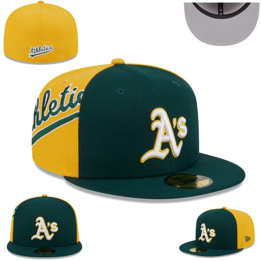 Oakland Athletics Green and Yellow Fitted Hat with Script Side Design